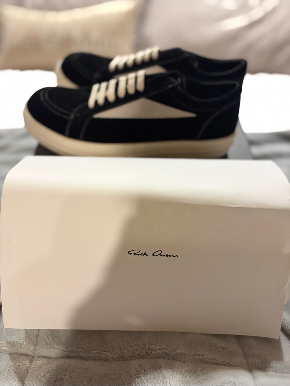 Rick Owens Black Suede Low-Top Sneakers with Cream Accents ( SIZES 6-13 )